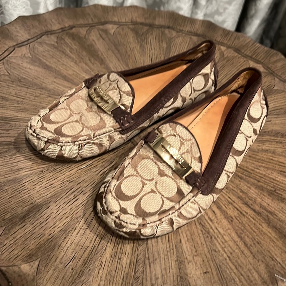 Coach Beige and Brown Signature Canvas Moccasin Loafers